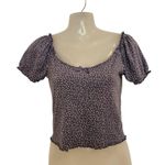 American Eagle  Ditzy Floral Blue White Puff Sleeve Crop Baby Tee Bow Size Small Photo 0