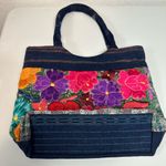 Guatemalan 100% Cotton Handmade Vibrant Embroidered Denim Medium Sized Tote Blue Photo 6