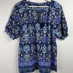 Talbots Size M Pleated Sleeve Top Floret Medallion Elbow Sleeve Split Neck Blue Photo 3