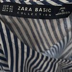 ZARA ‎ Navy and White Striped Blouse Poplin Bell Sleeves Pearl Accent 3/4 Sleeves Photo 6