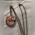 20” Vintage Necklace Owl Pendant Copper Tone Irridescent Round Stone 1.25” H Brown Photo 0