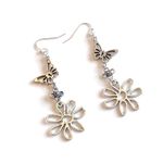 Earrings Flower Butterfly Earrings Silver 3” Drop Dangle Rare Handmade Photo 2