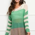 Free As A Bird NEW! Semi Sheer Acrylic Long Sleeve Color Block Green Stripe Sweater Pullover Photo 1