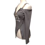 Chic Me  Gray Cold Shoulder Chain Strap Zip Up Long Sleeve Top •Size Medium Photo 3