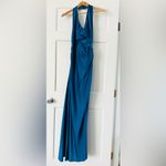 ASOS  Design Blue Teal Satin Halter Neck Maxi Dress Gown Slit Ruching Size 4 Photo 4