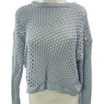 Hooked Up Women's Blue Gray Open Knit Crochet Long Sleeves Crop Sweater Top Sz S Photo 0