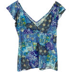 Delicates Blue Paisley Boho Top Vintage Y2K Babydoll Style V Neck Size M Photo 0