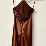 Staud Satin Sleeveless Halter Mini Dress with Gold Necklace Brown Women's Size S Photo 3