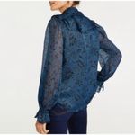 Ann Taylor Satin Floral Bow Blouse in Night Sky Blue/Black Size Small Photo 7