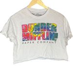 The Office Women's S Dunder Mifflin Tie Dye Font Graphic Tee White Boxy Crop Top Photo 0