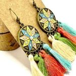 NEW INVENTORY! Antiqued Bronze Boho Enamel, Tassel and Rhinestone Earrings.​ Photo 0