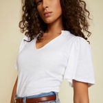 Nation Ltd  Tierra Flirty Tee White Ruffled Neck Flutter Sleeve V Neck T Shirt Photo 0