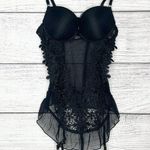 Sheer Black Lace Bustier Lingerie with Floral Appliqué and Garter Straps Size XL Photo 0