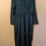 EXPRESS NWT Sz M Deep Teal Green Button Tie Waist Wide Leg Satin Cargo Jumpsuit Photo 2