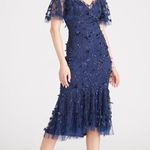 Theia Gretchen Appliqué Sequin Cocktail Dress Navy NWT Size 4 Floral Midi Dress Blue Photo 1