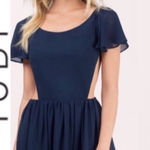 Tobi  Women's S Open Back Ruffled Mini Dress Navy Blue Twirl‎ And Swirl Skater Photo 0
