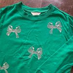 Lilly Pulitzer  Holiday Ballad Cotton Green Sweatshirt Silver Bow Embellishment Photo 8