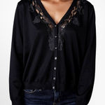 City Chic  Black‎ Lace Trim Crystal Button Cardigan Medium V-Neck Knit Sweater Photo 0
