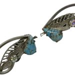 Vintage Silver Tone Leaf‎ Teal Stone Clip On Earrings Boho Retro Germany Photo 1