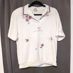 Teddi White Textured Polo Shirt, Women's Large Embroidered Tropical Island Scene Photo 0