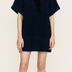 Chloé Chloe navy blue & black textured sweater dress with chenille tie at neck. Small Photo 0