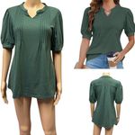 Blooming Jelly B Notched Split Neck Pleated Front Puff Short Sleeve Green Tee Top Shirt Medium Photo 1