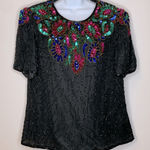 Vintage Black Pink Blue Green Sequined Beaded Silk Top Size XXL Photo 0