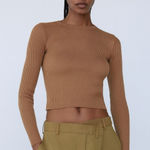 ZARA  Ribbed Shoulder Pad Long Sleeve Top Brown Capsule Minimalist Size M Photo 0