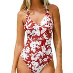 Cupshe Floral One Piece Swimsuit Womens XL O-Ring Back Tie Straps V Neck Red NEW Photo 1