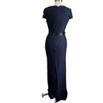Adrianna Papell  Navy Lace V Neck Scalloped Long Cap Sleeve Gown Sz 6 Photo 2