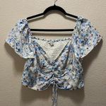 American Eagle Blue Floral Cinched Short Sleeve Tie Busty Crop Top Size Large Photo 1