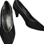 PETRA Black Pumps Suede Silver Leather Trim Cone Heels Almond Toe Italy 7.5 EUC Photo 0