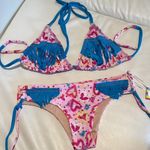 Women large Colorful Fringe triangle Bikini top side ties bottom hearts stitch Pink Photo 0