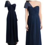 NEW Jenny Packham Womens 0 One Sleeve Bridesmaid Dress Ruched Chiffon Midnight Blue Photo 1