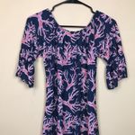 Simply Southern Women’s Coral Reef Print Tassel Hem Navy Blue Pink Dress Photo 5