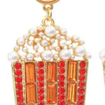 Gold Popcorn Bucket Dangle Pearl‎ Earrings, Movies, Movie Night, Premier, Gift White Photo 1