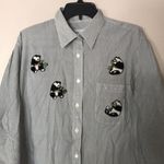 Get lucky button up striped long sleeve shirt with pandas embroidered large Black Photo 1