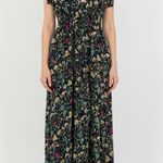 BETINA Floral Print Maxi Dress Deep V Neck Smocked Waist Tie Back Navy Black Photo 0