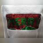 MERRY Fuzzy Sweater with Red and Green Sequin Design White Photo 2