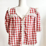 Red Plaid Puff Sleeve Top Cottagecore Milkmaid Blouse Romantic XL Photo 0