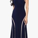 XScape Mesh-Detail Halter Maxi Dress Navy Nude Evening Wedding Guest Gown Size 2 Photo 0
