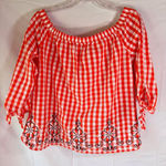 Crown & Ivy Petite Top Orange & White Gingham 3/4 tie sleeves Off Shoulder Sz PL Photo 1