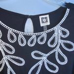 Anne Klein  Cotton Black Blouse With White Embroidery Short Puffed Sleeves XL Photo 5