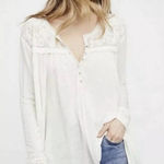 Free People To the Sea Lace Cream Oversized Long-Sleeve Henley Blouse Top, M Photo 0