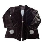 Vintage Dark Chocolate Brown Velvet Blazer Embroidered Ivory Floral Pattern Size M Photo 0