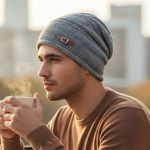 Slouchy Stretchy Winter Cozy Gray Buckle Beanie Knit Hat One Size Thick Soft Photo 0