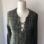 Sanctuary pullover top green blue plaid longline side slit tie front Photo 2