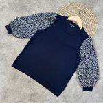 Adrianna Papell  Sweater Blouse 3/4 Balloon Sleeve Floral Ruffle Neck in Navy S Photo 0