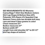 SO Womens  Camouflage T-Shirt Size Medium Juniors Shirt Lap Shape At Bottom New Photo 7