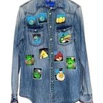 Frantic Women’s S Denim Pearl Snap Front Angry Birds Embroidered Appliqué Shirt Blue Photo 0